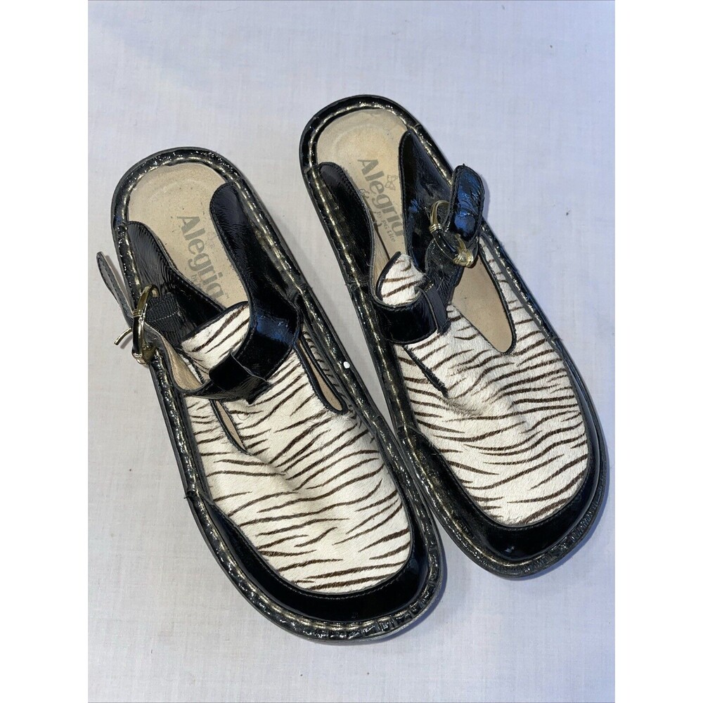 Alegria Women’s Platform Slides Size 39 U.S. 8 M Black Patent & Ivory Leather